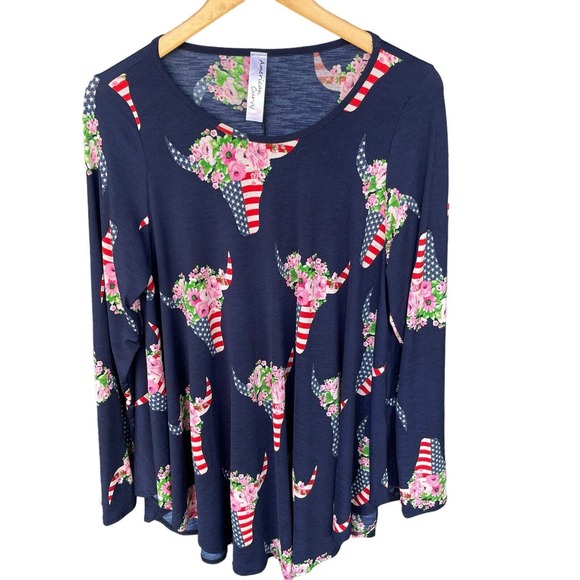 American Curvy Blouse Womens Plus Size 1X Blue Floral Striped Bullhead Flowy - Picture 1 of 9